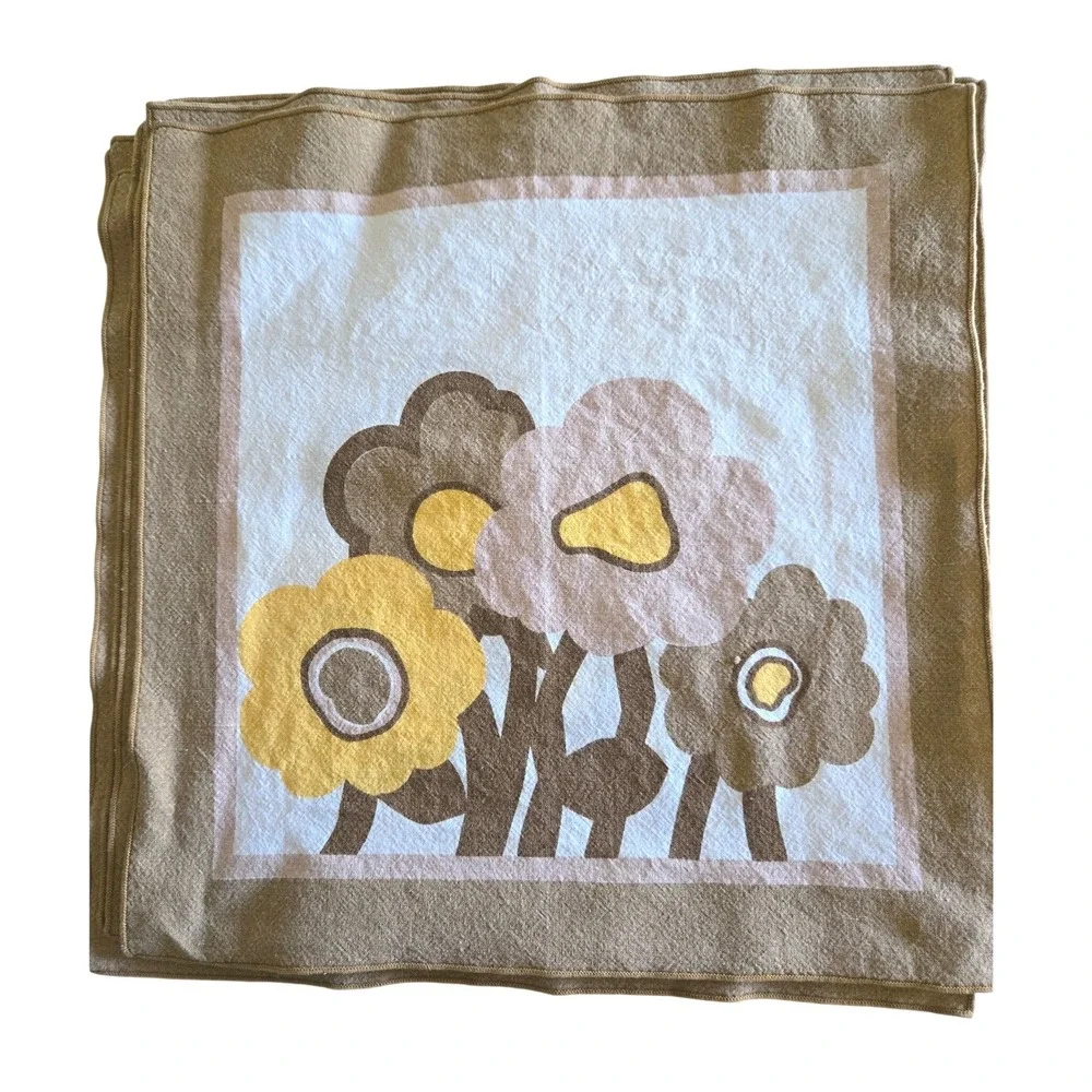 Vintage 70s Floral Cloth Napkins Set of 6 Brown Tan Yellow Retro MCM Mid-Century